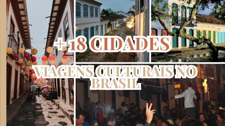 Colagem com paisagens de cidades históricas, arquitetura colonial em Paraty e a Vesperata em Diamantina ilustrando as viagens culturais brasil.