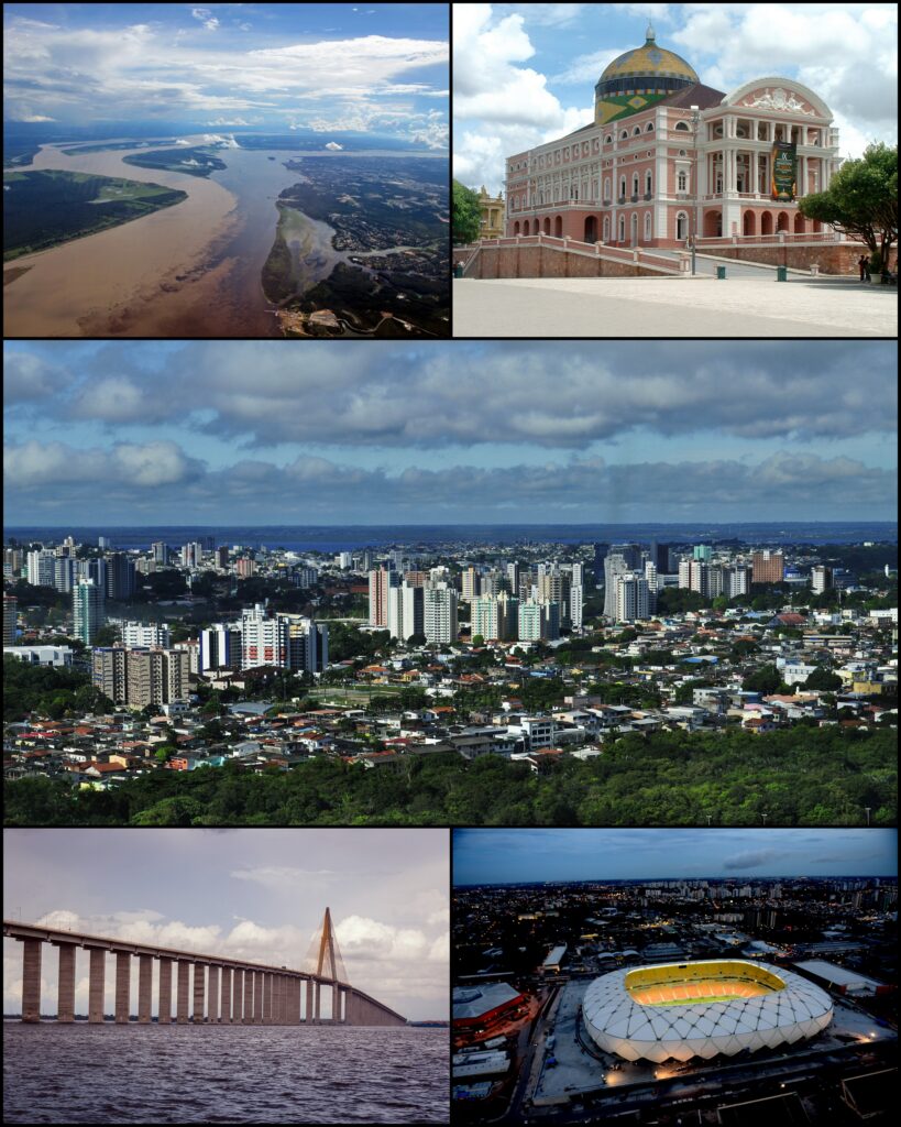 Colagem de pontos turísticos de Manaus (AM), incluindo o Encontro das Águas, o Teatro Amazonas, a Ponte Rio Negro e a Arena da Amazônia, destacando a diversidade de viagens culturais brasil.