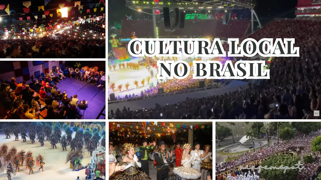 Colagem de fotos mostrando festas populares, desfiles de Carnaval e celebrações regionais com multidões, representando a rica cultura local Brasil