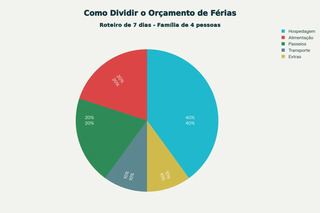Gráfico de pizza mostrando como dividir o orçamento de férias: 40% hospedagem, 20% alimentação, 20% passeios.