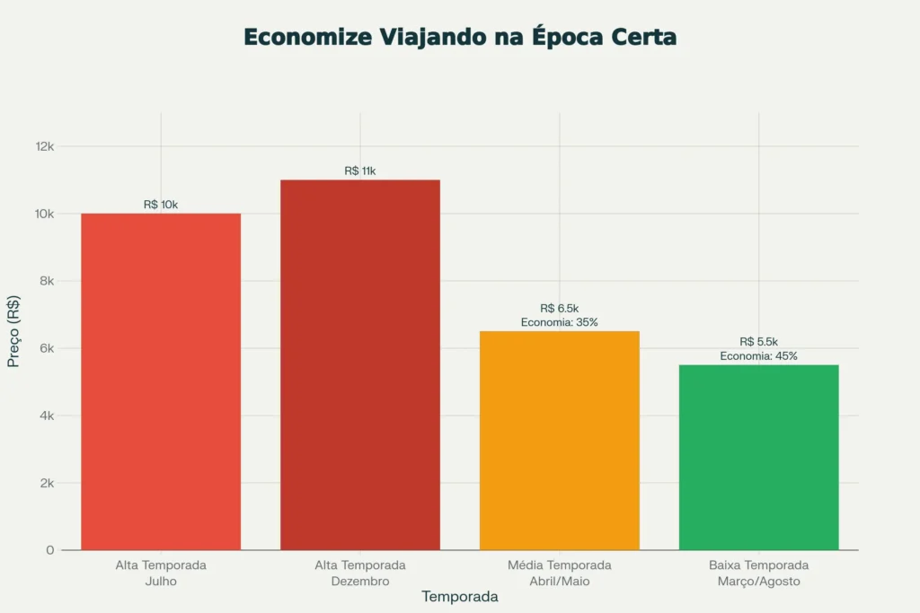 Variação de preços para férias em família por temporada - economia de até 45% na baixa temporada em Gramado.