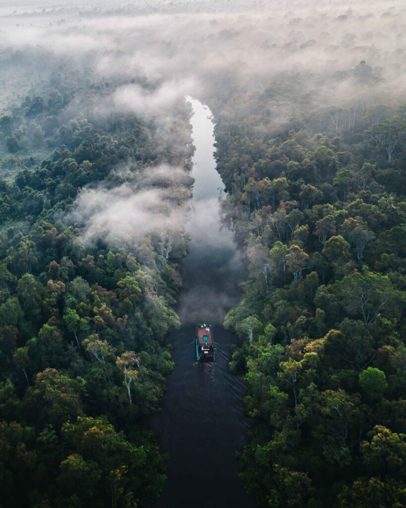 Barco navegando por rio cercado de floresta tropical e neblina na Amazônia.