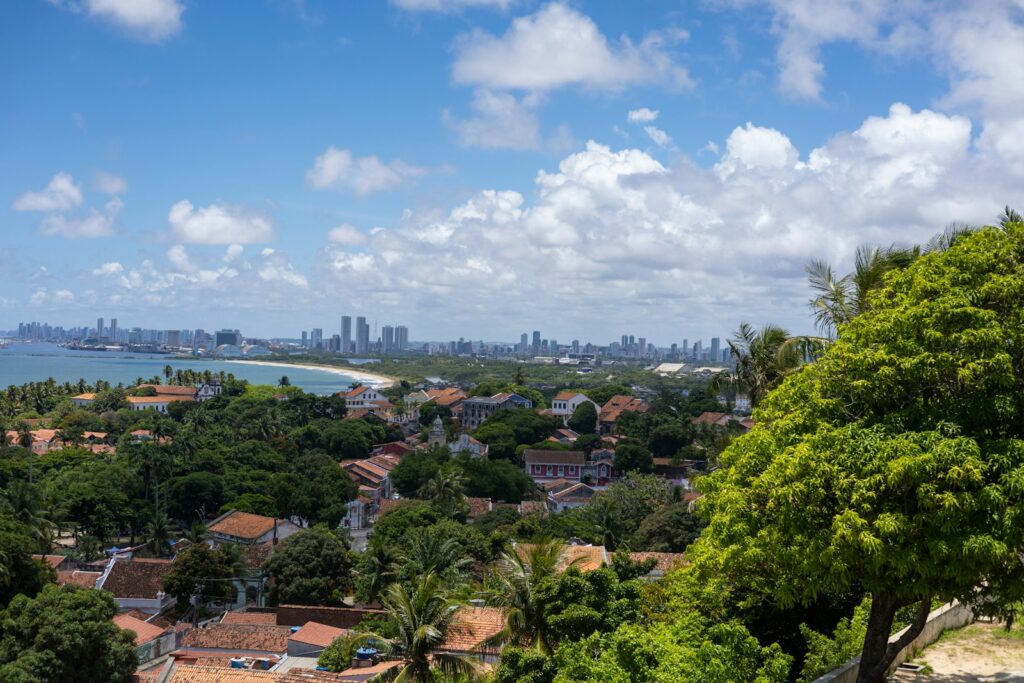 Vista panorâmica do Centro Histórico de Olinda com telhados coloniais e vegetação, tendo o mar e os prédios modernos de Recife ao fundo, representando o turismo cultural em Pernambuco.