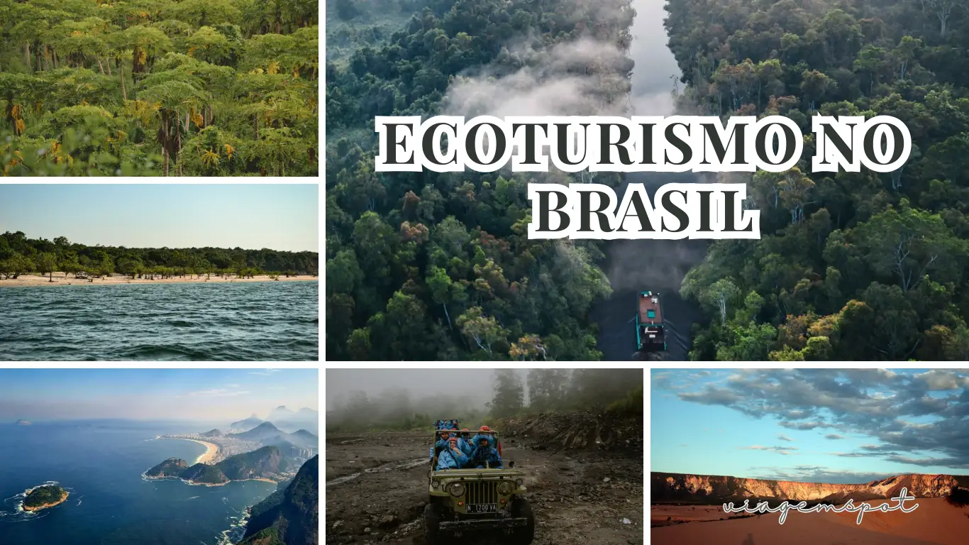 Colagem de paisagens naturais representando a diversidade do turismo ecológico brasil.