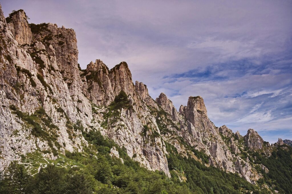 Montanhas rochosas e picos agudos do Parque Nacional de Itatiaia sob céu nublado.