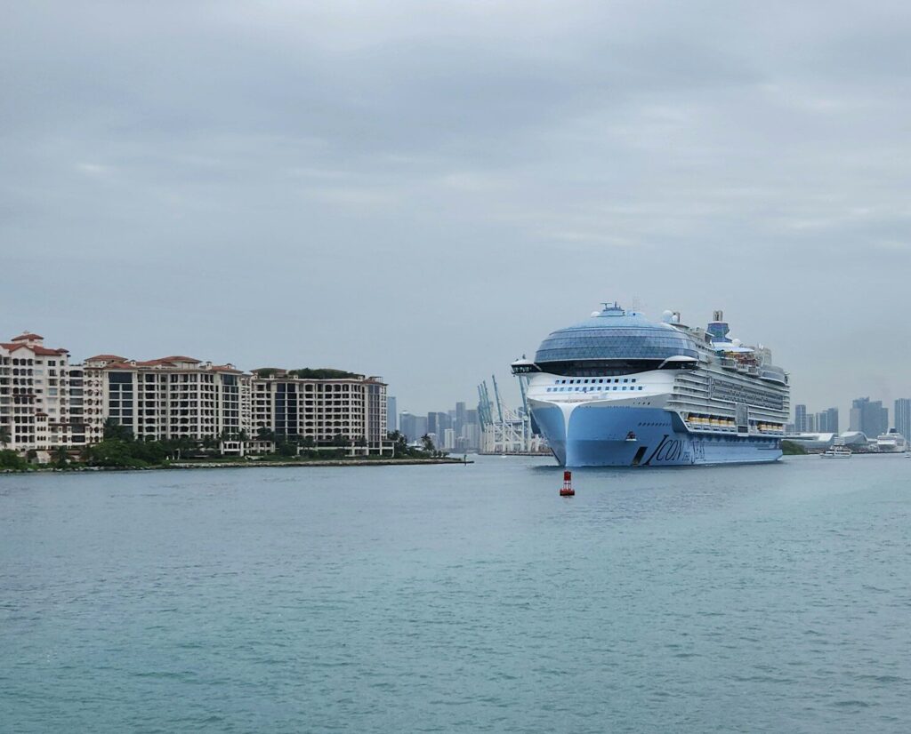 A large cruise ship in the middle of a body of water