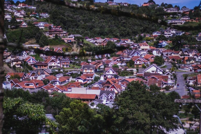A hillside town is densely packed with houses.