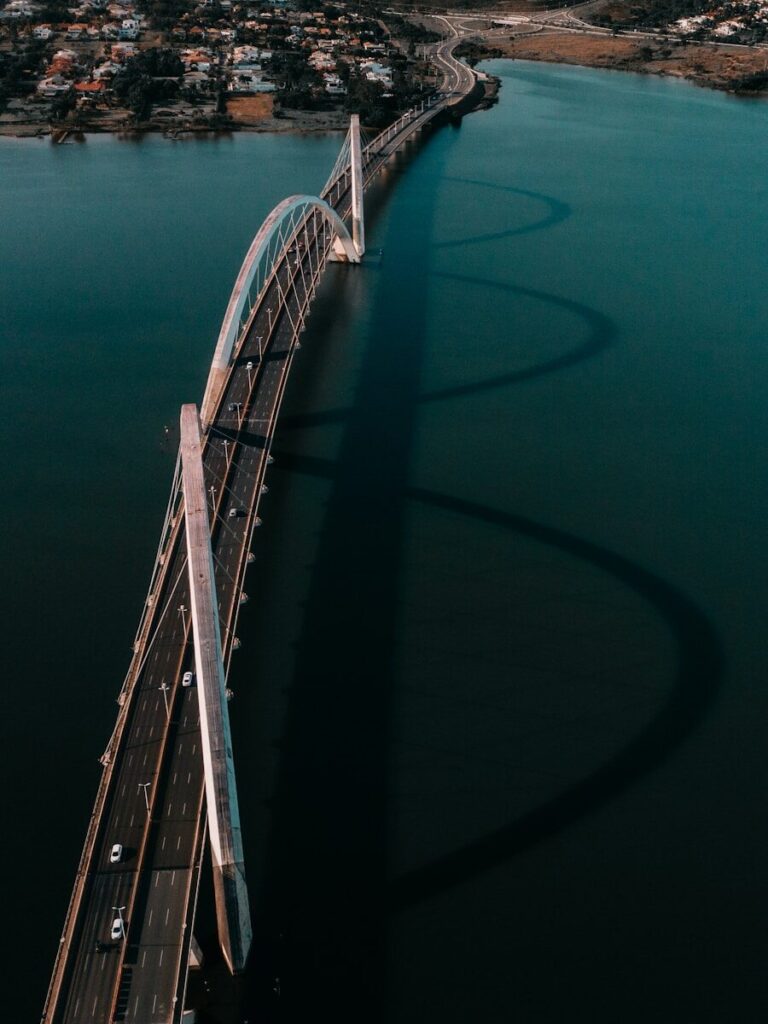 white metal bridge over the sea