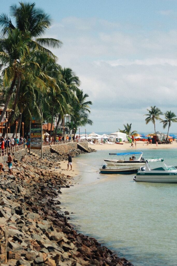 Scenic tropical beach with palm trees, boats, and sunbathers enjoying a summer day.