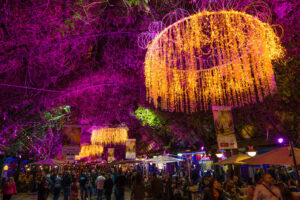 Festival noturno luzes roxas douradas
