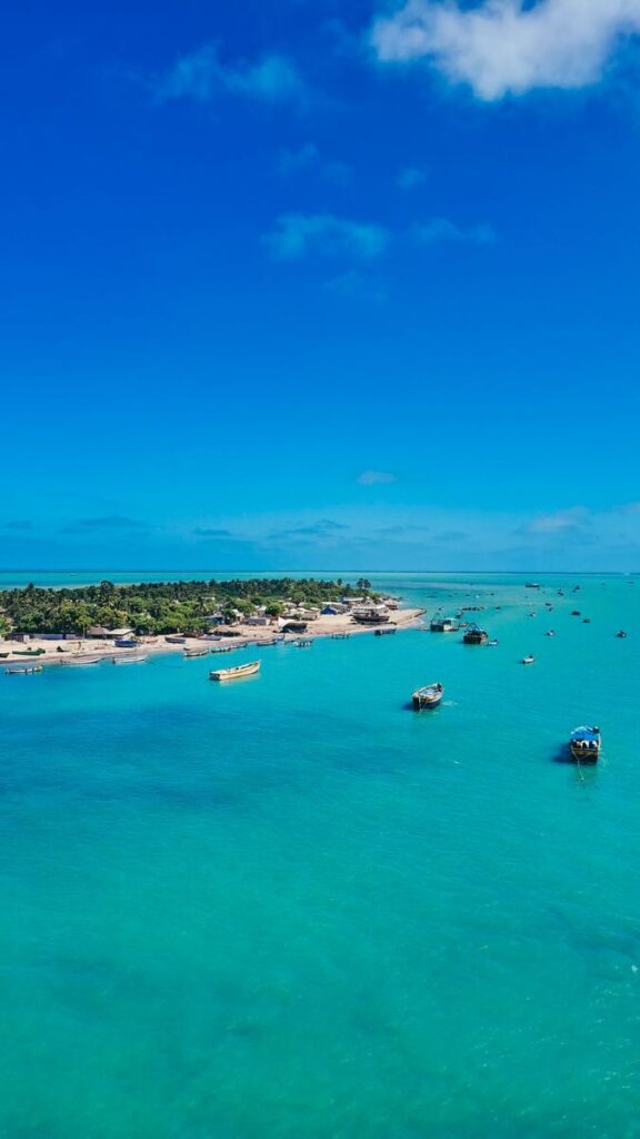 A stunning aerial view of a tropical island coastline with boats and turquoise water.