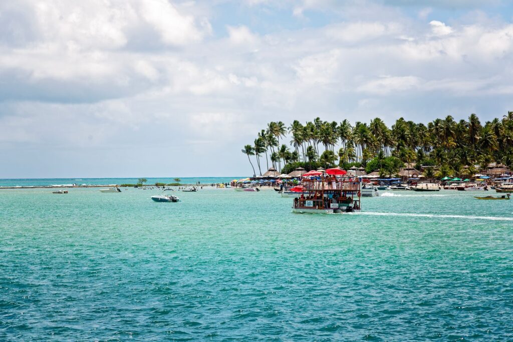 Beautiful tropical beach scene with lush palm trees and clear turquoise water.
