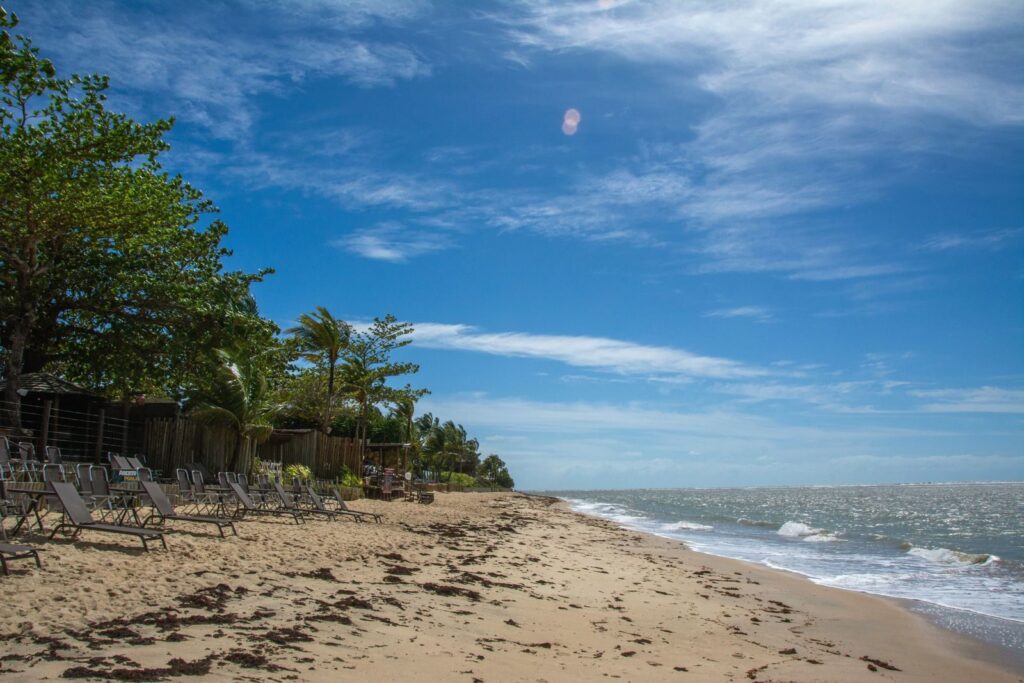Empty beach chairs line a sandy shore under a bright blue sky in Porto Seguro, Bahia, Brazil.