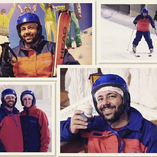 Homem feliz esquiando neve