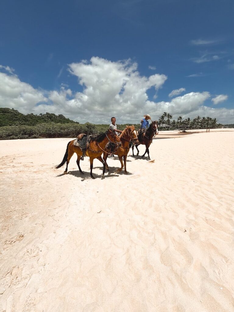 A group of people riding horses across a sandy beach