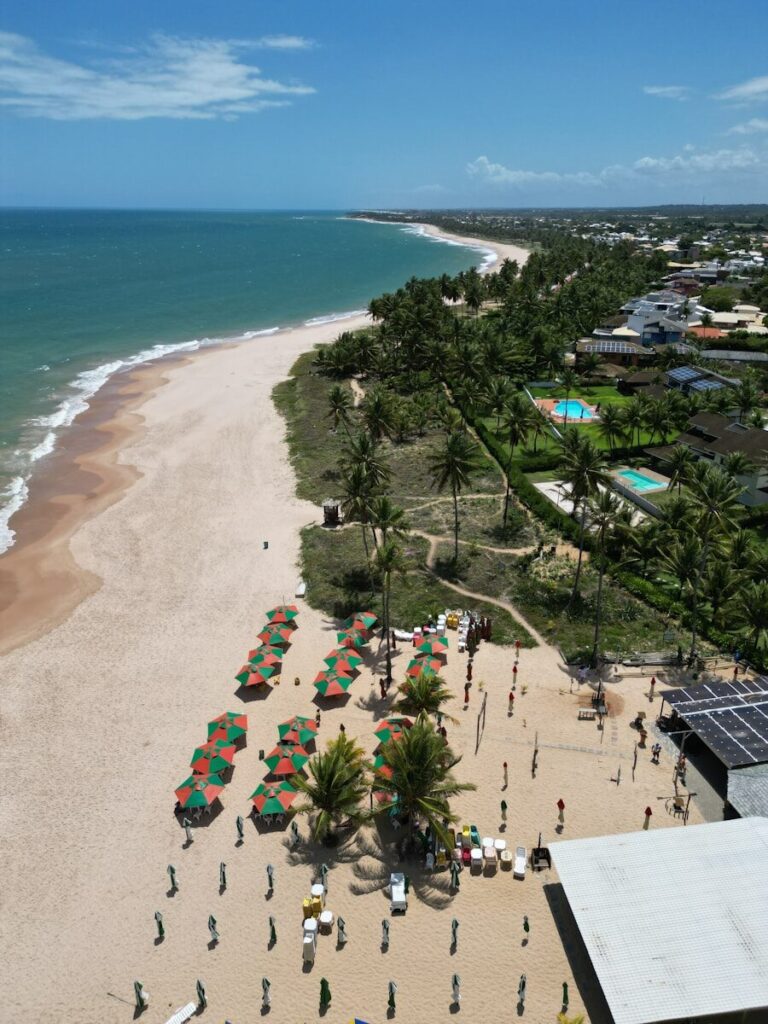 an aerial view of a beach with many umbrellas