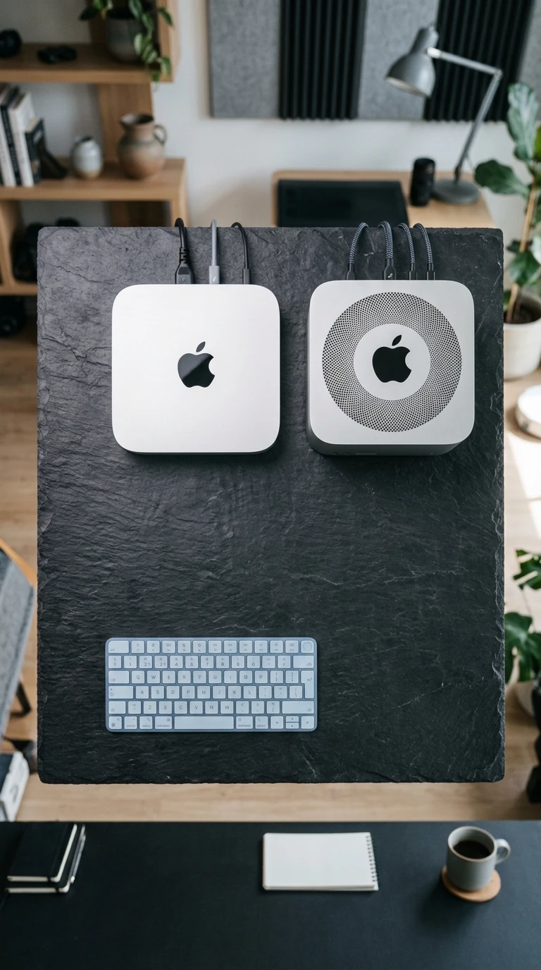 A linha de desktops: Mac mini, Mac Studio e iMac