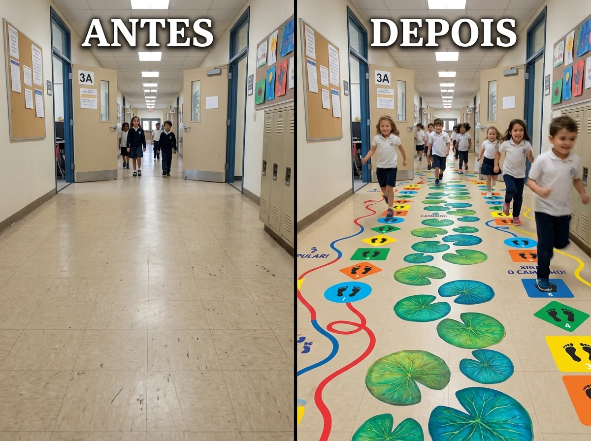 Cores e formas no chão com adesivo