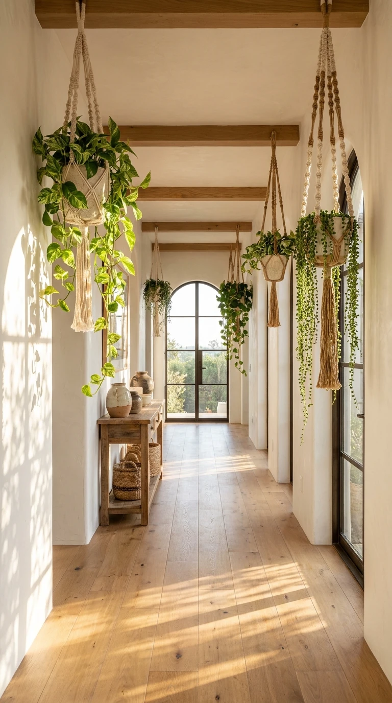 Corredor com plantas penduradas