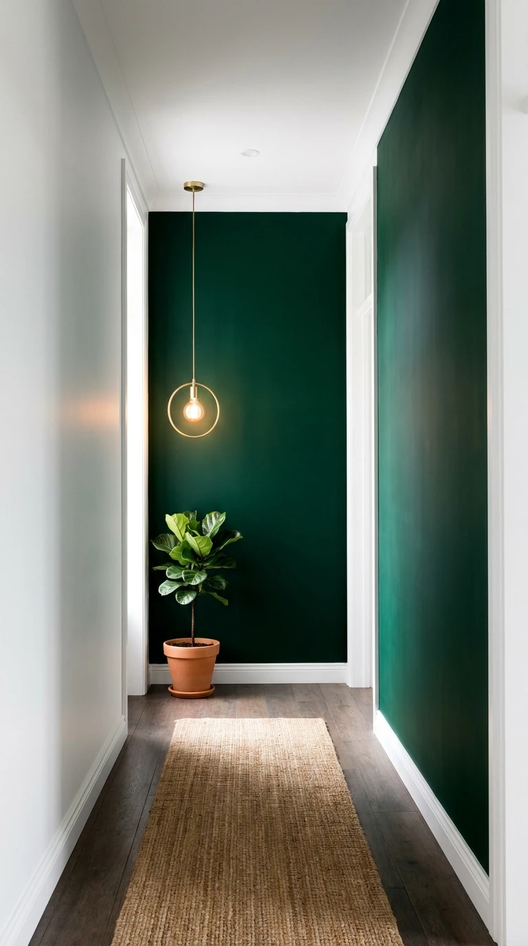 Corredor com parede verde e planta