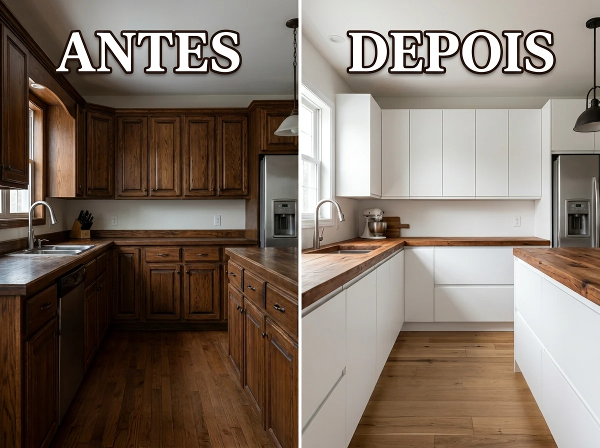 Cozinha com armário branco e bancada de madeira
