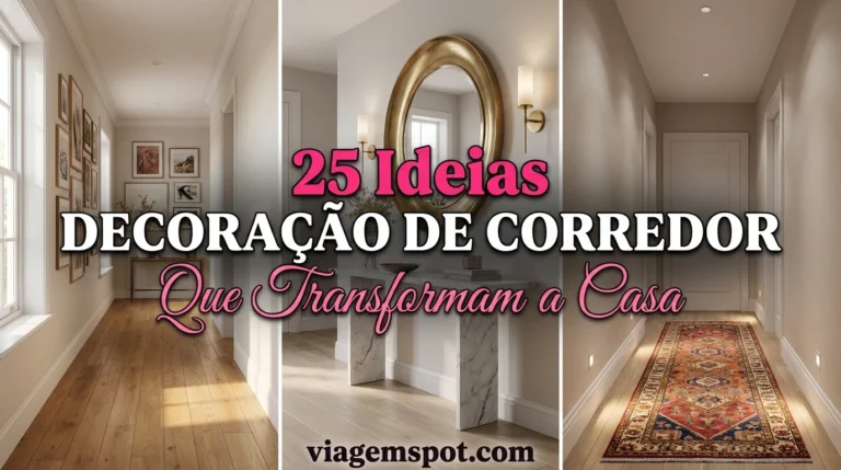 Três corredores decorados, texto sobreposto