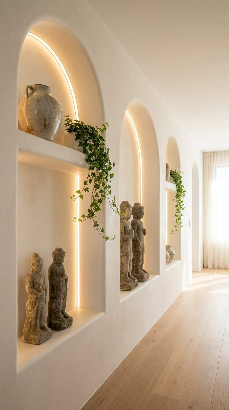 Niches arqueados iluminados com estátuas