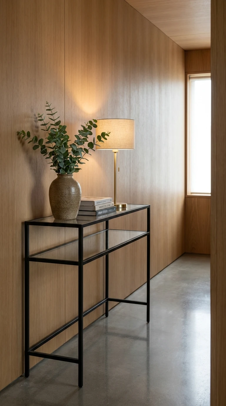 Mesa console com eucalipto e luminária
