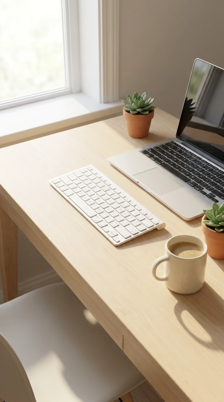Escritório, laptop, café, plantas