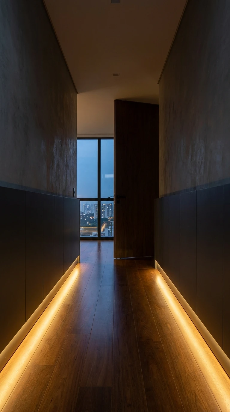 Corredor iluminado com vista urbana