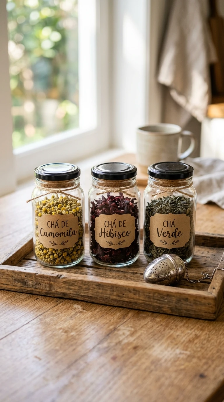 Kit de Chás em Potes de Vidro com Etiquetas à Mão