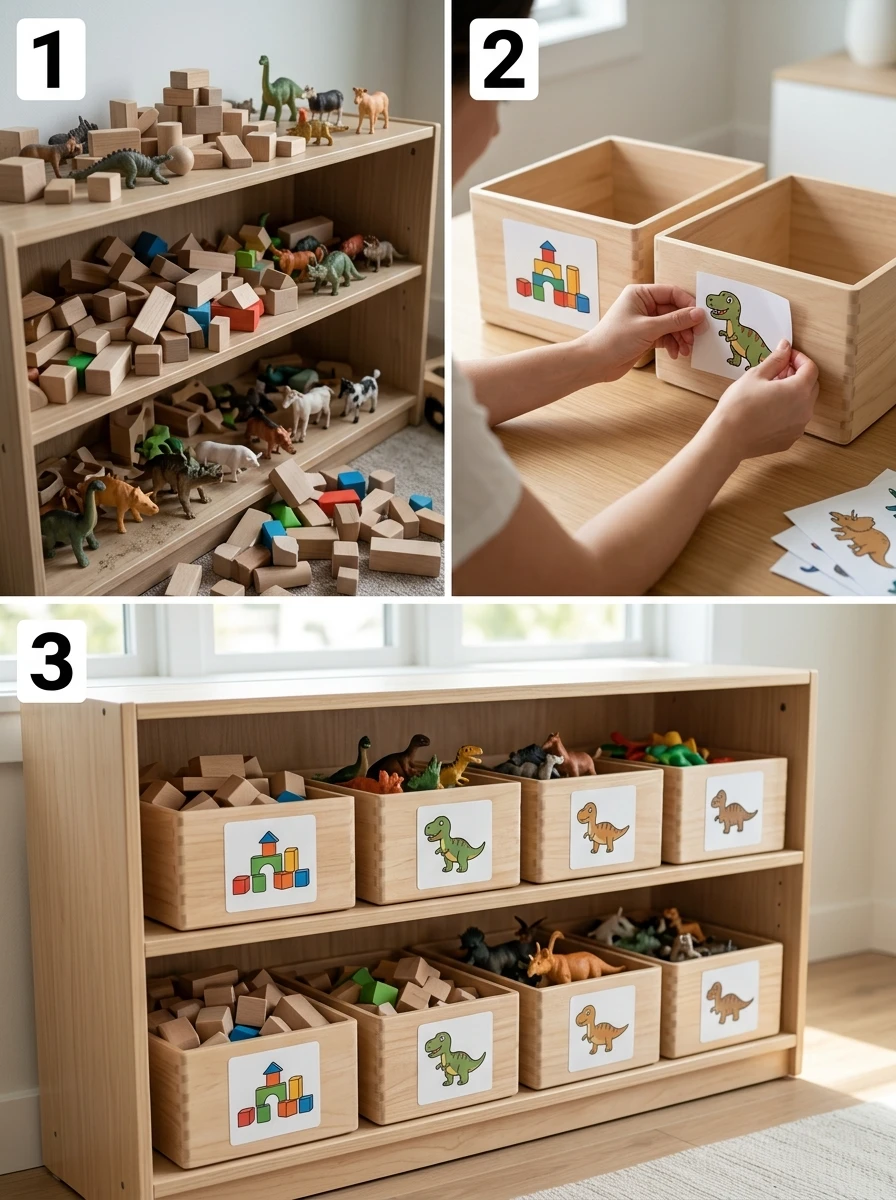 Organização visível com caixas e rótulos com imagem
