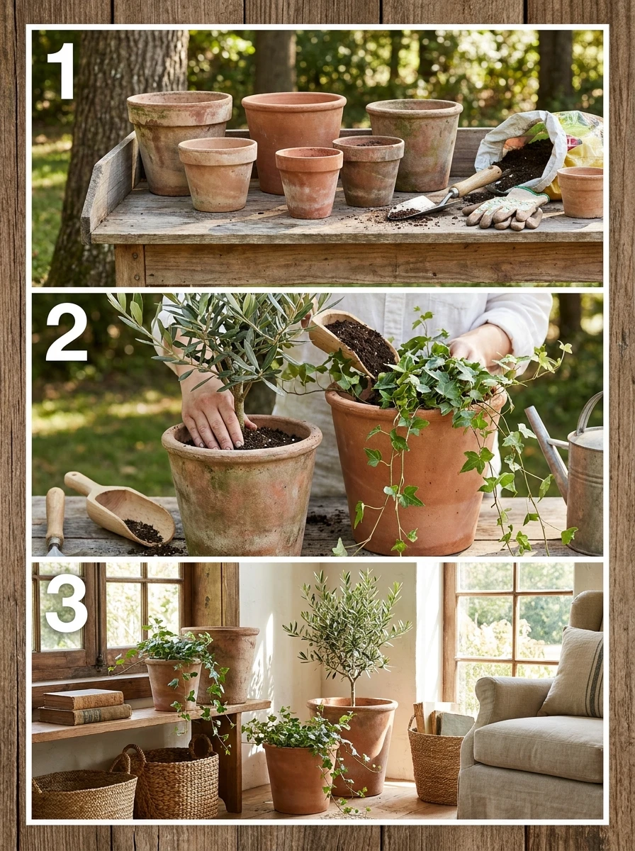 Plantas em vasos de barro não vidrado