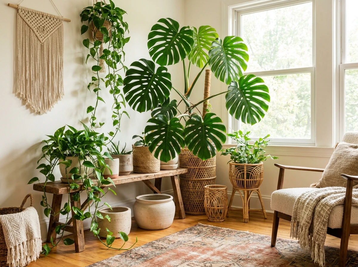Plantas em vasos de cerâmica e rattan
