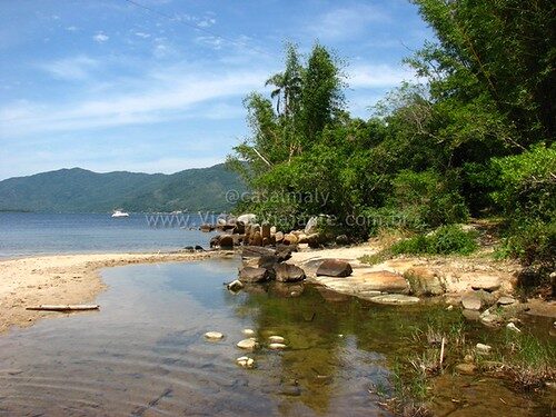 Praia tropical com rio e montanhas