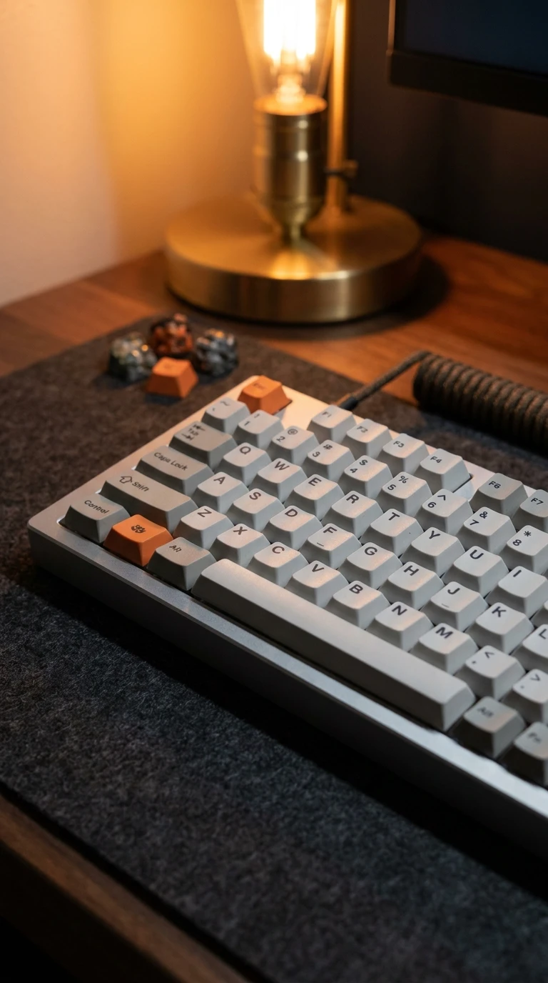 Teclado mecânico, lâmpada vintage